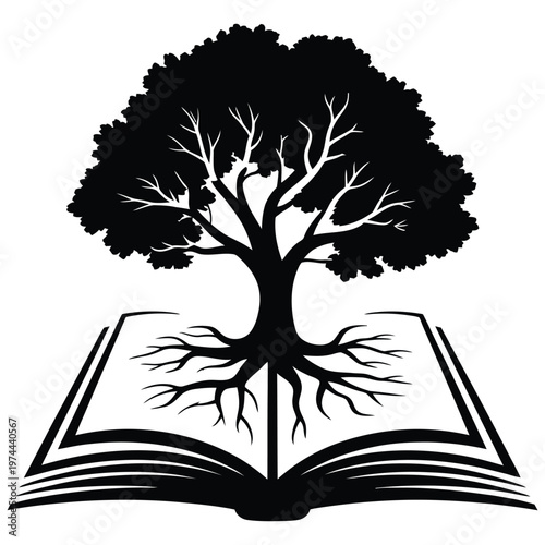 A detailed black silhouette of a tree growing from an open book representing knowledge and growth silhouette