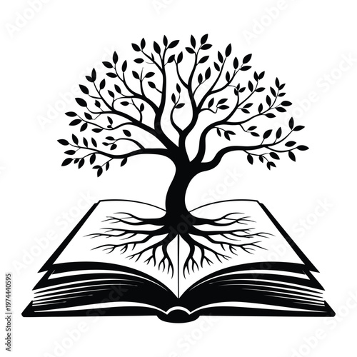 An open book supports the roots of a flourishing tree a symbolic representation silhouette