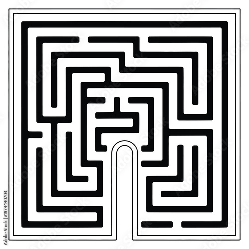 A complex square maze design with a clear entrance starkly presented as a black silhouette