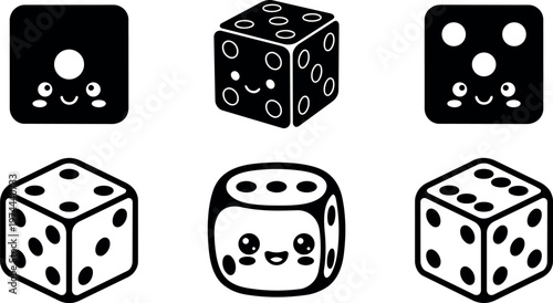 Black and white kawaii dice faces with cute expressions six icons