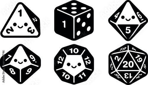 Black and white kawaii cute polyhedral dice vector art six types smiling faces