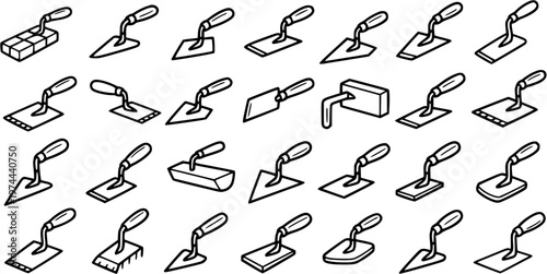 Construction and Masonry Trowels Tools Vector Icon Set. Hand-drawn Outline Black and White Collection for Building, Concrete, and DIY Projects.