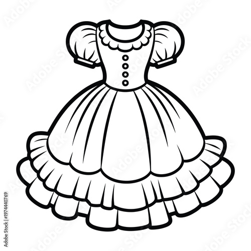 An elegant black and white illustration of a vintage dress with a full skirt silhouette