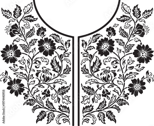 Floral Neckline Vector Illustration, Black and White, Ornate Embroidery Design