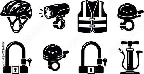 Black and white bicycle helmet light bell lock and pump vector art icons
