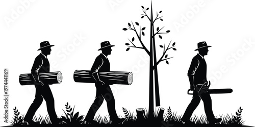 Black and white silhouette illustration of forestry workers cutting trees, carrying logs, and using chainsaw in lumber industry scene with stumps and grass background