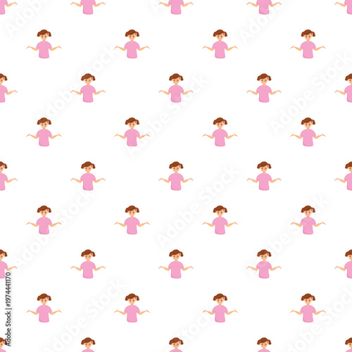 Cartoon girl shrugging, expressing doubt, ignorance, and cluelessness in a seamless pattern