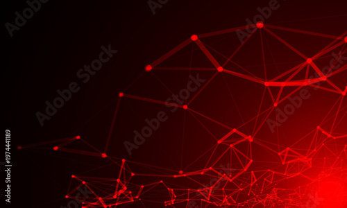 Abstract dark background with glowing red digital network dots and lines representing global connectivity big data and neural technology.

