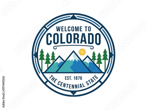Flat Vector Welcome Sign for Colorado: Illustrative Emblem of Mountains, Trees, and Sun, Celebrating the Centennial State