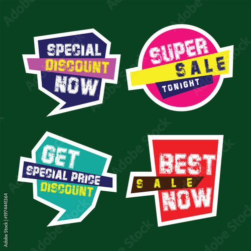 Set of Creative Sale and Discount Badges with Modern Geometric Shapes and Textured Typography for Promotional Marketing and Seasonal Offers