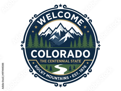 Vector welcome sign illustration for a mountain state, depicting alpine peaks, evergreen forests, and a winding river.