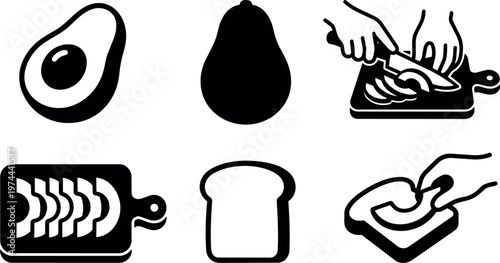 Black and white avocado sliced on cutting board with hand spreading toast vector art