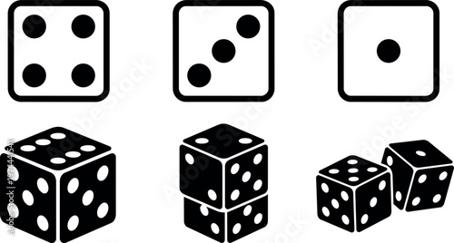 Black and white dice icons with various dot patterns in line art and solid styles