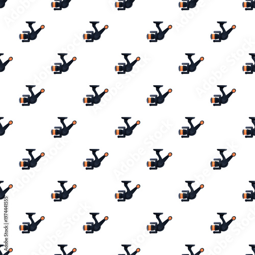 Fishing reels repeating across a white background illustrate a seamless pattern for sport and leisure