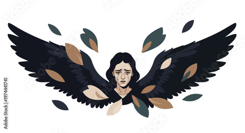 Melancholy woman with large black feathered wings surrounded by falling leaves, conveying a sense of sadness