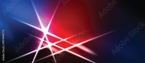 Abstract background features vibrant red, blue light streaks. Bright central point creates dynamic visual effect. Minimalist design.