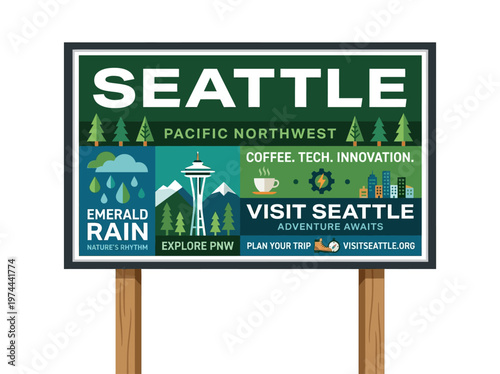 Vibrant flat vector travel billboard encouraging visits to Seattle, highlighting Pacific Northwest nature, tech, and urban landmarks