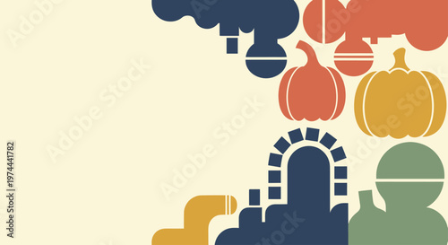 Autumn harvest symbols and industrial elements abstract design.
