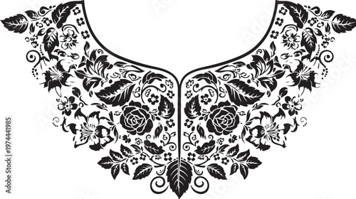 Floral Ornament Vector Illustration, Black and White, Elegant Lace Collar Design