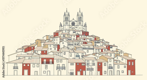 Charming European Townscape with Majestic Cathedral on Hilltop.