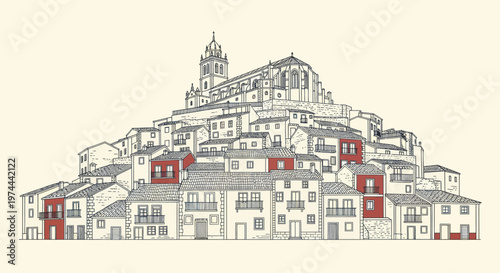 Charming European Village with Historic Church on Hilltop.