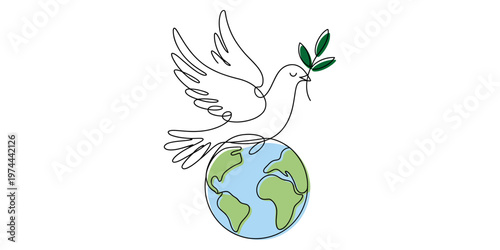 Planet Earth with dove of peace drawn in one continuous line. One line drawing, minimalism. Vector illustration, International peace day, A white dove carrying a green olive branch flies above a color