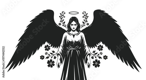 Mysterious dark angel with large black wings and a halo, surrounded by floral elements, symbolizing protection