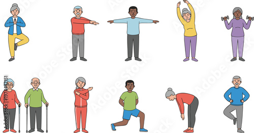 Senior people doing various exercises, stretching and fitness activities, elderly men and women healthy lifestyle, physiotherapy, yoga, rehabilitation, active aging illustration set