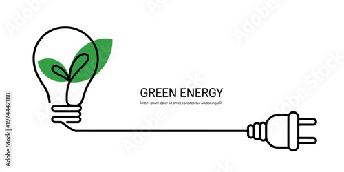 Plant with a plug in continuous one line art style. Green energy concept. Simple vector, green energy plug concept, Clean Energy. Hand drawn. Editable Icon,  Renewable power outline. sustainability.
