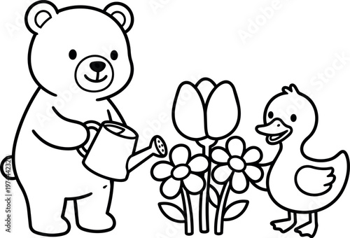 Black and white line art bear watering flowers with duck companion