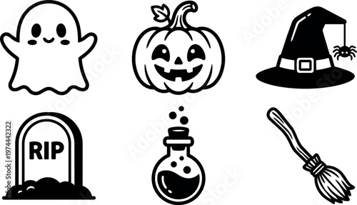 Black and white halloween icons ghost pumpkin witch hat tombstone potion broomstick