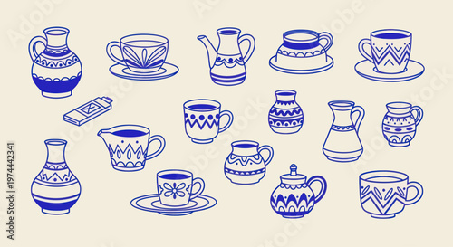 Collection of Blue and White Ceramic Pottery and Drinkware.