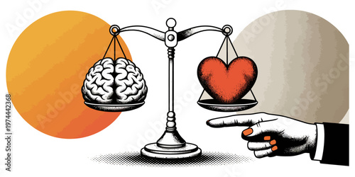 Trendy Halftone Collage. Emotional intelligence, control of feelings, emotions, brain logical thinking, Trendy half tone collage. Emotion and intelligence balance, mind, feeling, choice, justice pro.