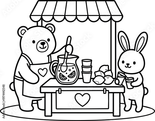 Black and white line art bear and rabbit selling lemonade at stand