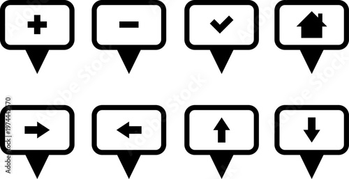 Map markers, checkboxes, and location icons collection. Map pin icons isolated on transparent background. Pushpin flag navigation vector