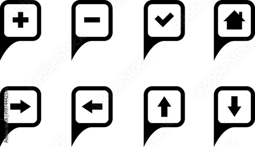 Map markers, checkboxes, and location icons collection. Map pin icons isolated on transparent background. Pushpin flag navigation vector