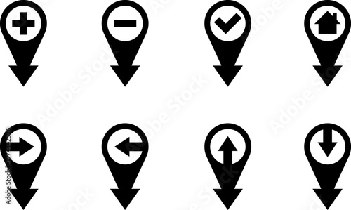 Map markers, checkboxes, and location icons collection. Map pin icons isolated on transparent background. Pushpin flag navigation vector