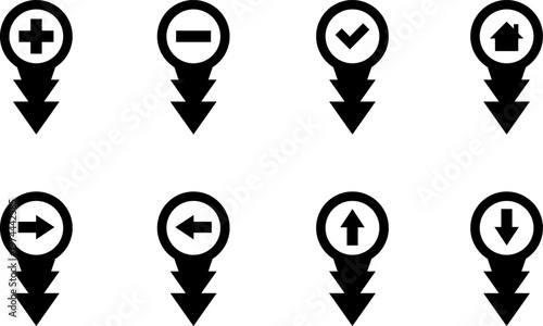 Map markers, checkboxes, and location icons collection. Map pin icons isolated on transparent background. Pushpin flag navigation vector