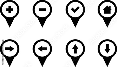 Map markers, checkboxes, and location icons collection. Map pin icons isolated on transparent background. Pushpin flag navigation vector