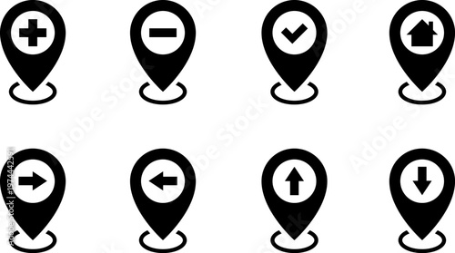 Map markers, checkboxes, and location icons collection. Map pin icons isolated on transparent background. Pushpin flag navigation vector