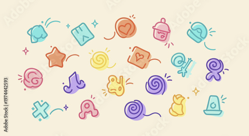 Collection of colorful yarn balls and knitting related icons.