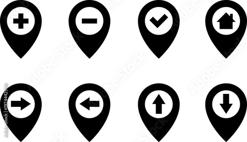 Map markers, checkboxes, and location icons collection. Map pin icons isolated on transparent background. Pushpin flag navigation vector