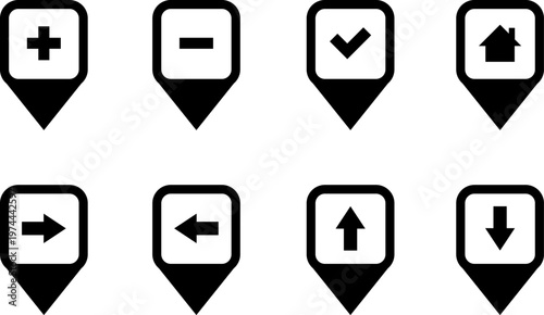 Map markers, checkboxes, and location icons collection. Map pin icons isolated on transparent background. Pushpin flag navigation vector