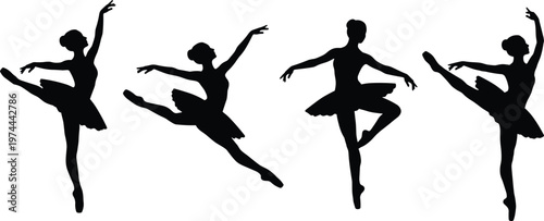 Elegant ballet dancer silhouettes performing graceful poses, jumps, and leaps, artistic dance clip art for classical theater and performance arts promotion.