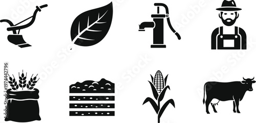 Black silhouette farming icons set featuring plow, leaf, water pump, farmer, grain sack, soil layers, corn plant, and cow representing agriculture and rural lifestyle illustration