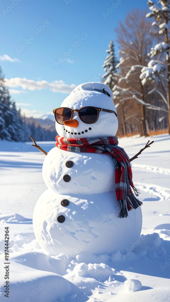 Obraz premium A snowman with sunglasses and a scarf in a snowy landscape