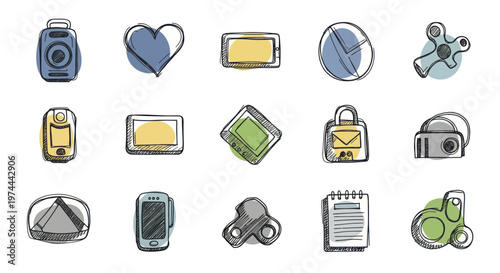 Collection of diverse hand-drawn icons representing various objects and concepts.