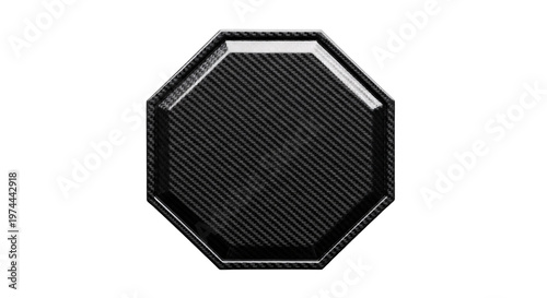 Carbon fiber octagon badge with metallic sheen on transparent.