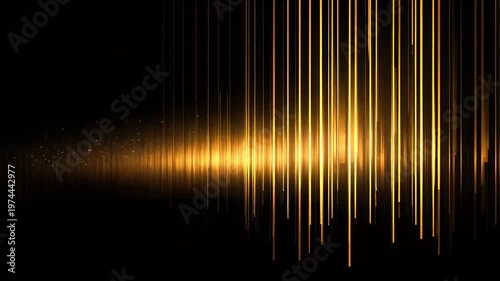 Abstract motion background featuring vertical golden light beams and shimmering particles falling across black backdrop with glowing horizon line for cinematic digital production and design.