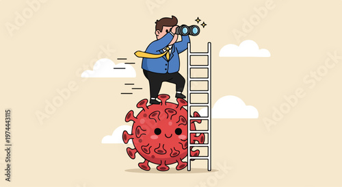 Man in suit with binoculars standing on ladder atop a cartoon virus looking into the distance